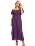 Anna-Kaci Womens Boho Peasant Ruffle Stretchy Short Sleeve Long Dress, Purple, Large