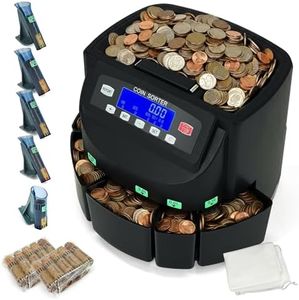 USD Coin Counter Machine with LCD Display,Coin Sorter and Wrapper Machine,Sorts 1¢5¢10¢25¢$1 up to 300 Coins/min,2000-coin Capacity,Business Grade,5 Bins&5 Tubes,Automatic Wrapper