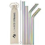 FLOW Barware Reusable Metal Drinking Straws | Set of 8 Metal Straw Metal Straws | Stainless Steel Straws with Cotton Storage Bag & Cleaning Brush | Eco-Friendly Reusable Straw | Rainbow