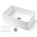 ALWEN 33 White Farmhouse Sink, Fireclay 33 Apron Front sink, Luxury Single Basin Kitchen Sink, 33 inch Farmhouse Sink, White Ceramic Sink with Stainless Steel Grid and Strainer