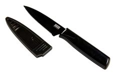 Kuhn Rikon Colori Non-Stick Serrated Paring Knife with Safety Sheath, 4 inch/10.16 cm Blade, Black