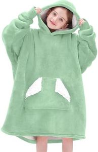 Touchat Wearable Blanket Hoodie, Oversized Sherpa Blanket Sweatshirt with Hood Pocket and Sleeves, Super Soft Warm Plush Hooded Blanket for Kids, One Size Fits All (Light Green)