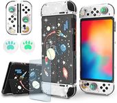 Switch OLED Protective Case, Switch OLED Glitter Case with Tempered Glass Screen Protector and Thumb Grip Caps - Space Theme