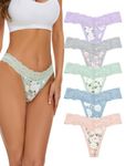 VOENXE Seamless Lace Thongs for Women No Show Thong Underwear,Lady Breathable Comfort Panty Soft Laser Cut Undie,Tanga,5-Pack