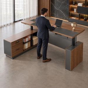 Nuipesn 79 Inch Electric L-Shaped Executive Desk, Height Adjustable Standing Desk for Home Office with Dual Motor Lift, 3 Memory Presets, LED Display and Cable Box, African Walnut and Iron Gray