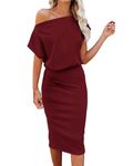 Dressmine Women's Off The Shoulder Dress Short Sleeve Ribbed Casual Party Bodycon Midi Dresses Red Wine Small