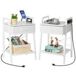 White Nightstands Set of 2, Night Stand Charging Station and Drawer, End Table Bedside Table with Shelf for Bedroom Living Room Sofa Couch