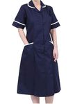 Woman Healthcare Dress Tunic Nurses Uniform Medical Dental Therapist Long Dress, Navy, Size 14