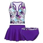 dPois Girls Summer Swimsuit Bather Swimming Costume Tankini Sets Tops with Bottoms Skirt Beach Swimwear Purple 10-12 Years