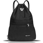 WESTWOOD FOX WFX Drawstring Bag String Waterproof Sport Gym Sack Backpack for Women Men PE Bag Outside Pocket Zipper School Beach Holidays Swimming Travel (black)