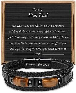 𝗚𝗶𝗳𝘁𝘀 𝗳𝗼𝗿 𝗠𝗲𝗻 𝗟𝗲𝗮𝘁𝗵𝗲𝗿 𝗕𝗿𝗮𝗰𝗲𝗹𝗲𝘁 With Tigers Eye, Father's Day Christmas Anniversary Birthday Gifts for Son Husband Grandson Boyfriend Brother Dad Love You Forever Bracelets for Men, 8.5 inches,