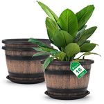 Quarut Large Plastic 3 Pack 16 inch Plant Pots,Whiskey Barrel Planters with Drainage Holes&Saucer.Flower Pots Imitation Wine Barrel Design for Indoor&Outdoor Garden Balcony.7 Gallons.