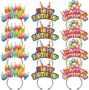 KKBES 12 Pack Happy Birthday Headbands, Paper Birthday Party Hats, Birthday Hats for Adults and Kids, 3 Patterns