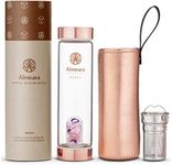 Almeara Crystal Water Bottle | Amethyst, Rose Quartz & Clear Quartz Crystals | Authentic Gemstones – Loose Leaf Tea infuser – Gem Elixir Infused Tempered Glass Water Bottle - Gift ready box - 16.9 oz