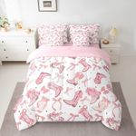 Manfei Cowgirl Comforter Set King Size 7 Pcs,Western Cowboy Boots Pink Bowknots Bedding Set,Dreamy Fairy Tale Princess Starry (Comforter+Fitted+Flat Sheet+2 Pillowcases+2 Throw Pillow Covers)