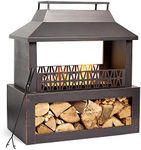VonHaus Outdoor Fireplace, Fire Pit with Log/Wood Store for Garden, Patio, Fuel with Wood, Logs, Charcoal, Brushed Metallic Finish, Geometric Design, Steel, Weather Resistant, Includes Fire Poker