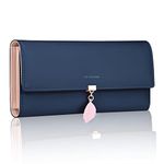 FT FUNTOR PU Leather Wallet for Women RFID Blocking Ladies Leaf Pendant Coin Zipper Long Purse with Multiple Card Slots and Card Holders Phone Pocket (L-Lndigo)