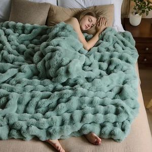 Deamsure Faux Fur Queen Blanket for Couch Fuzzy Plush Thick Warm Sage Green Bubble Blanket for Sofa Bedroom 800GSM (Sage Green Bubble,Queen(90"x90"))