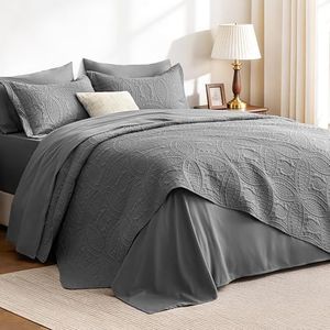 Love's cabin King Quilt Set Grey, Bed in a Bag King Size Bedding 7 Pieces, Ultrasonic Embossed Coin Pattern Comforter, Lightweight Bedspreads for All Seasons Quilt with Sheets, Pillowcases & Shams
