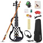 Vangoa LEFT HANDED Electric Violin 4/4 Full Size Silent Violin Set for Beginner Adults Teens, Solid Maple Wood Metallic Electronic Quite Violin with Ebony Fittings, Black Vichy