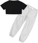 SANGTREE Girls' 2 Piece Outfits T-Shirt and Drawstring Cargo Jogger Pants Clothing Set, 4-14 Years, Black+white, 13-14 Years