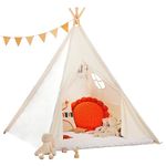 Monobeach Teepee Tent for Kids Foldable Children Play Tent for Girl and Boy with Carry Case 4 Poles White Canvas Playhouse Toy for Indoor and Outdoor Games (White)