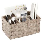 mDesign Plastic Woven Divided Cutlery Storage Organizer Caddy Tote - Basket Holder for Kitchen Table, Cabinet, Pantry - Holds Silverware, Forks, Knives, Spoons, Napkins and other Utensils - Taupe