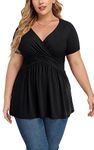 TIANZHU Women Plus Size Black Top Wrap Shirt Short Sleeve Blouse Dressy Tunic Baby Doll Low Cut Empire Waist V Neck Tunic 1Black X