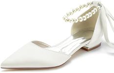 Women's Pointed Toe Pumps Pearl Satin Wedding Shoes for Bride Flats Ankle Strap Bridal Shoes Formal Prom Party Dress Pumps Sandals, Ivory, 7.5 US