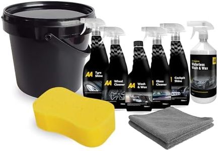 AA Cleaning Kit 5x 750ml Of Cockpit Shine, Glass Cleaner & Tyre Shine, 1L Waterless Wash And Wax, Jumbo Car Sponge, 2 Microfibre Cloths, 10L Bucket