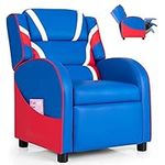 Costzon Kids Recliner, Gaming Recliner Chair w/Footrest, Headrest, Lumbar Support & Side Pockets, Ergonomic Leather Lounge Chair for Living & Gaming Room, Adjustable Recliner Sofa for Boys Girls, Blue