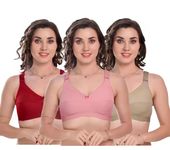 Manchi Fashion Combo Pack Non-Padded Full Back Coverage Broad Band T-Shirts Bra for Women Bra, Wire-Free, Wide Strap with 4 Hook Closure (38C, Red, Pink, Beige)