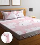 Home Sizzler 144TC Kid's Elephant & Kitty Elastic Fitted Double Bedsheet (72X78 Inch) with 2 King Size Pillow Covers