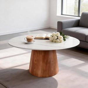 Ownkoti Modern Round Coffee Table Stone Top, 43.3" Solid Wood Pedestal Base Sintered Stone Tabletop, Snowy White+Brown
