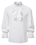 Men's Renaissance Steampunk Victorian Long Sleeve Jabot Collar Medieval Pirate Shirt Tops-White-L