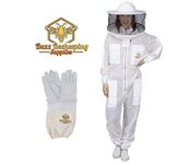 Ventilated Beekeeping Suit & Goatskin Gloves & Bee Family Stickers - YKK Metal Zippers - Men & Women - Total Protection - Self-Supporting Round Veil - Easily Take On & Off - 8 Pockets (Small)