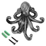 BSTKEY Cast Iron Octopus 5 Tentacles Decorative Wall Hook - Rustic Towel Hook Key Coat Rack (Silver)