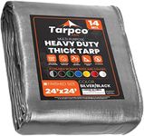 Tarpco Safety Extra Heavy Duty 14 Mil Tarp Cover, Waterproof, UV Resistant, Rip and Tear Proof, Poly Tarpaulin with Reinforced Edges for Roof, Camping, Patio, Pool, Boat (Silver/Black 24′ X 24′)