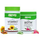 OZiva Plant Based Natural Vitamin E (With Sunflower Oil & Argan Oil) For Face & Skin Glow,30 Capsules & Plant Based Biotin 10000+ Mcg (With Natural Sesbania Agati Extract),125G (Combo Pack)