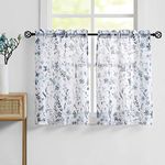 Fragrantex Grey Blue Teal Flower Kitchen Curtains 45 inches Length for Kitchen/Travel Trailer Linen Texture Fabric Short Cafe Curtains Rustic Farmhouse Style, 28" W x 45" L/Panel, Rod Pocket