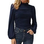 KCatsy Womens Tops Plain Solid Color Puff Lantern Sleeve Shirt Frilly Frilled Pleated Ruched Mock Neck Turtleneck Slim Undershirt Blouse A Navy S 6