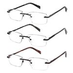 JJWELL 3 Pack Reading Glasses for Men Blue Light Blocking, Lightweight Rimless Metal Mens Eyeglasses Readers, Anti Eyestrain/Dryness/Computer Glare/UV 400, Spring Hinge Eyeglasses(3.00 Strength)