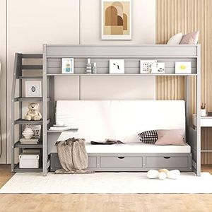 Futon Bunk Beds with Stairs,Full Over Full/Futon Bunk Beds with 3 Storage Drawers & Small Table,Bottom Bed Can Be Converted Into Daybed,Wood Full Loft Bed Frame for Kids Teens,Gray