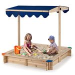 GYMAX Wooden Kids Sandbox, Outdoor Children Sandpit with Adjustable Canopy, Bench Seats & Protective Corners, Garden Square Sand Pit for 3 Years Old+ Boys Girls, 120x120x120cm