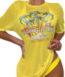 Women's 3 Piece Swimsuit with Cover Up, Adjustable Halter Coconut Tree Print Bikini Set, Sexy Beach T Shirt Coverups, Yellow, Large