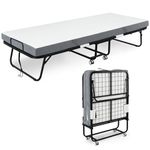 HOMCOM Folding Bed with 10cm Mattress, Portable Foldable Guest Bed with Sturdy Metal Frame on Wheels