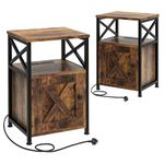 YITAHOME Set of 2 Side Table, Bedside Table with Storage Cabinet, X-Shaped End Table with Charging Station, 2 USB Ports & Power Outlets, Metal Frame, Coffee Table for Living Room Bedroom, Rustic Brown