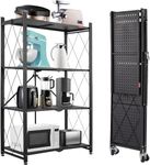 DEANIC Folding Storage Shelves,4 Tiers Metal Shelving Units for Storage 28x50x13.4 inch, Kitchen Shelves on Wheels,Pantry Shelves,Bookcase for Living room (Black)