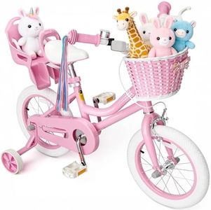 KORIMEFA Girls Bikes Ages 2-7 with Training Wheels 12 14 16 Inch, Toddler Bicycle with Streamers, Basket and Doll Seat, Coaster Brake, Birthday Gift