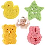 Airfish 4Pcs Baby Bath Sponges for Kids, Soft Baby Sponges for Infants Newborn, Cute Animal Shapes Body Konjac Wash Toys, Gentle on Children and Toddlers Skin for Bathing (Orange,Green,Yellow,Pink)